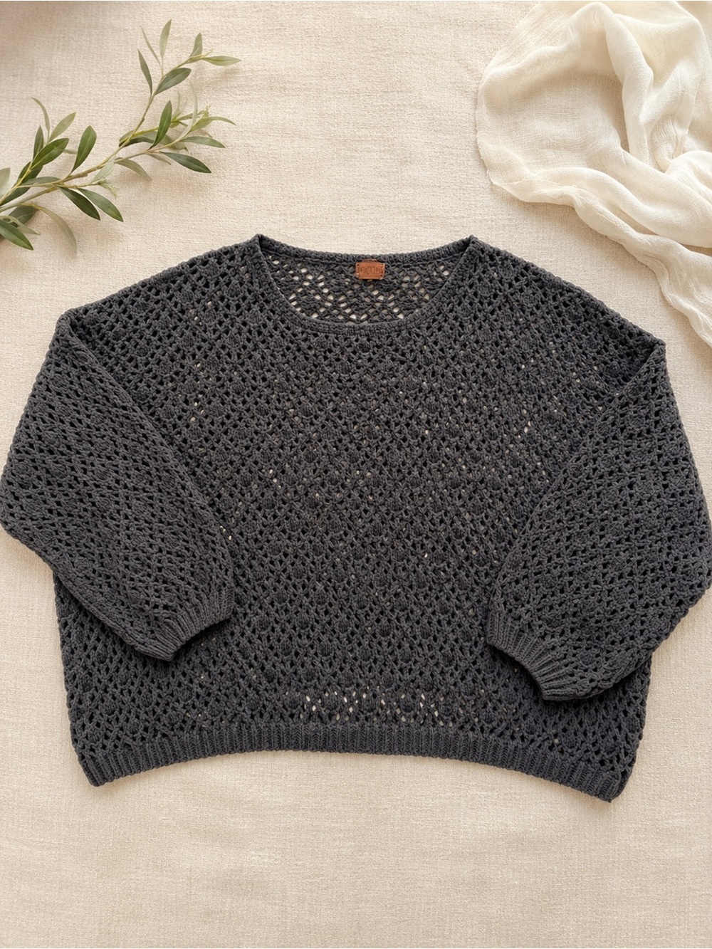 POL Crochet Dolman Summer Sweater M Charcoal Open Knit Coastal Boho Lagenlook